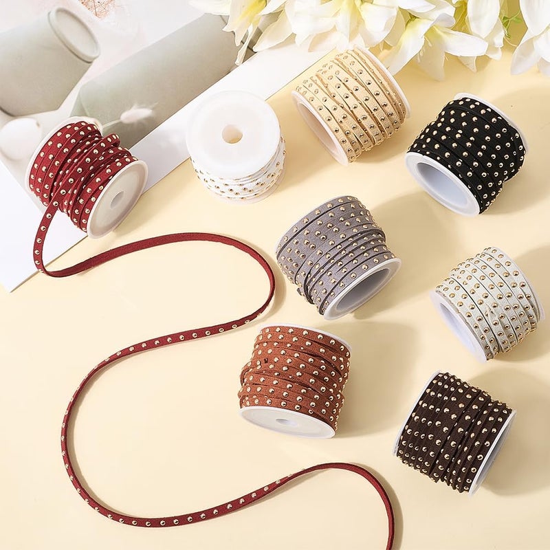 CALFOVERA 43.7 Yards 8 Colors Studded Lace Beading String Strips 5mm Flat Microfiber Leather Faux Suede Cord Rope Trim Ribbon with Golden Punk Rivets for Jewelry Making Necklaces Bracelets DIY Crafts - Image 3